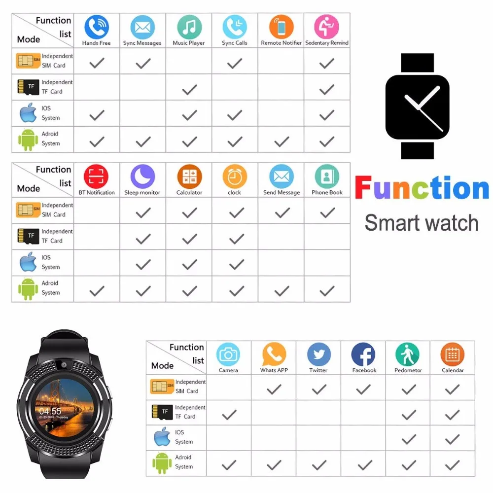  Men Smart Watch Bluetooth touch Screen Android Fashion Sports Men and Women Smartwatch With Camera  - 4000203660449