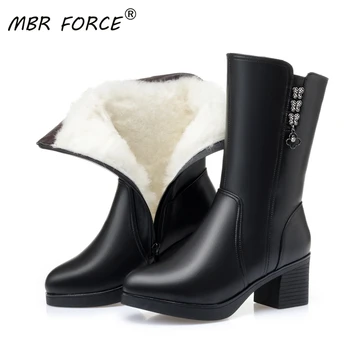 

MBR FORCE Women Mid Calf Snow Boots Genuine Leather Woman Winter Shoes 2020 Latest Wool Warm Footwear Boots Women black brown