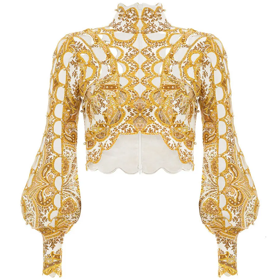 DEAT New Arrival Women Fashion Sexy Hollow Out Beading Short Top Shirt Puff Sleeve Gold Blouse MH037