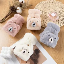 Macio pelúcia urso luvas luvas de inverno dos desenhos animados flip luvas quentes manter o trabalho luvas de metade do dedo macio para as mulheres 1 par