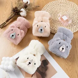 Soft Plush Bear Gloves Winter Gloves Cartoon Flip Gloves Warm Keep Work Gloves Fluffy Half Finger Gloves for Women 1Pair