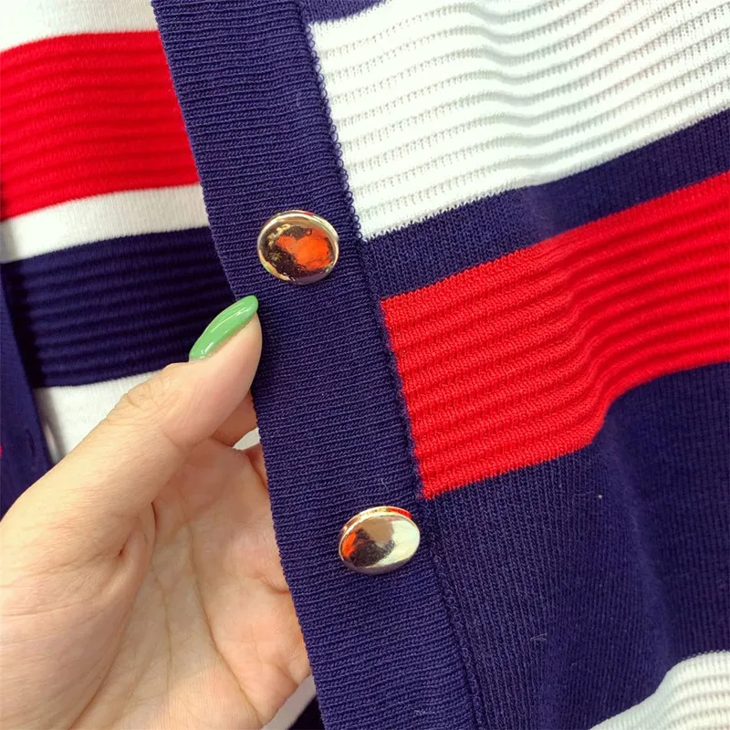 Вязаный полосатый комплект из 3 предметов, Женский однобортный Кардиган+ пуловер с короткими рукавами, топы+ облегающая юбка, костюм, женские комплекты