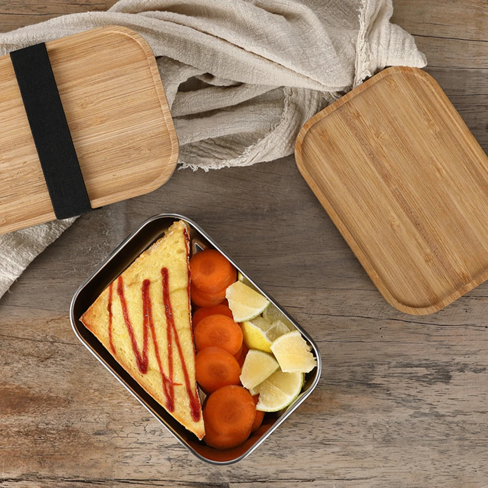 대나무 뚜껑 bento sushing 간식 컨테이너와 800ml 스테인레스 스틸 도시락 상자