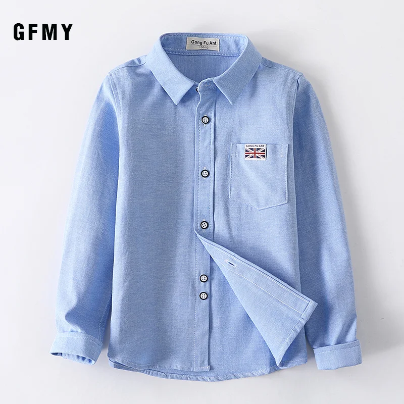 New Spring Autumn Oxford Textile Full Sleeve Solid Color Boys White Shirt 3T-14T Kid Casual School Clothes 801