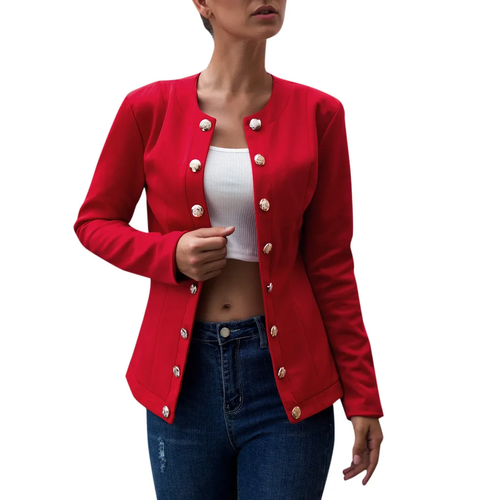 Женский шикарный черный красный синий блейзер с карманами, двубортный пиджак с длинным рукавом для офиса, однотонная женская повседневная верхняя одежда, Топы# J30