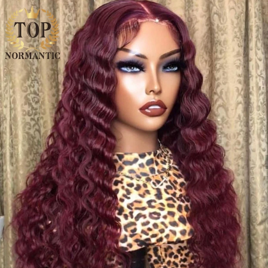 Topnormantic Deep Wave 13x4 Lace Front Wigs with Natural Hairline Peruvian Remy Human Hair 99J Color Wig for Women