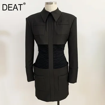 

DEAT New Autumn And Winter Fashion Casual Patchwork Black High Waist Button Long Sleeve Zipper Slim Dress Women SF669