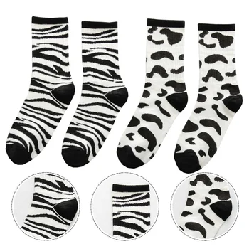 

2 Pairs Hip-hop Warm Elastic Adorable Breathable Zebra-stripe Socks Cow Stripe Socks Mid-calf Length Socks Knee-High Stockings f