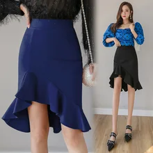 Элегантные юбки для женщин, Русалочка, Офисная Женская юбка, юбки-карандаш, Облегающие юбки до колен, черные, красные, с оборками, Falda Femme, для работы