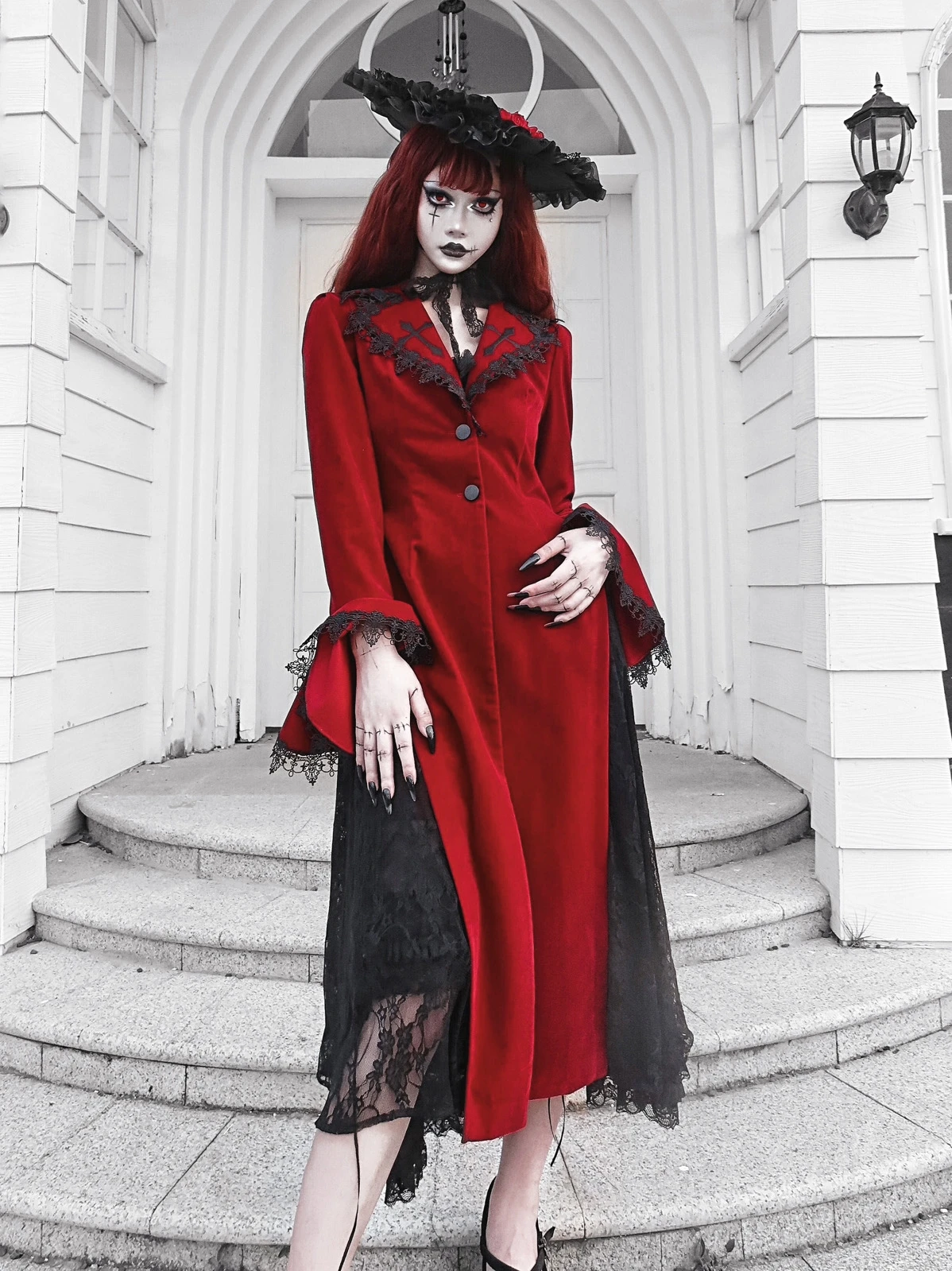 

Blood Supply Original Design Red Wine Bloody Vampire Velour Slit Slim Long Blends Lace Patch Gothic Holloween Jackets Long Women