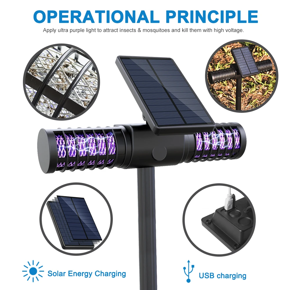Солнечная лампа от комаров, уличный водонепроницаемый УФ светодиодный светильник для газона, вилла, наземный садовый светильник, жучок, светильник от комаров