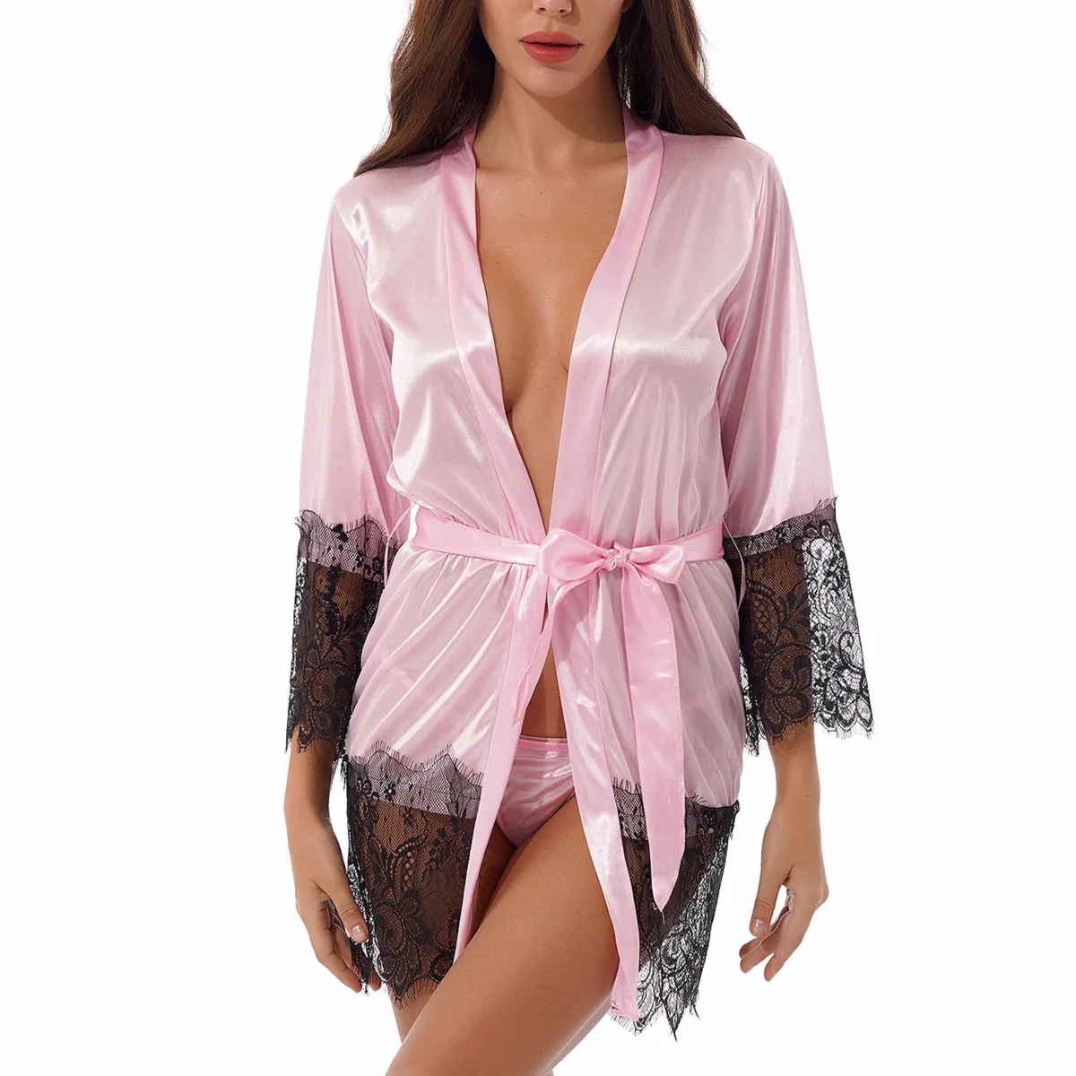 Women Satin Robes Lace Ruffle Hem Silk Bathrobe Kimono Nightgowns Sexy Sleepwear with G-string