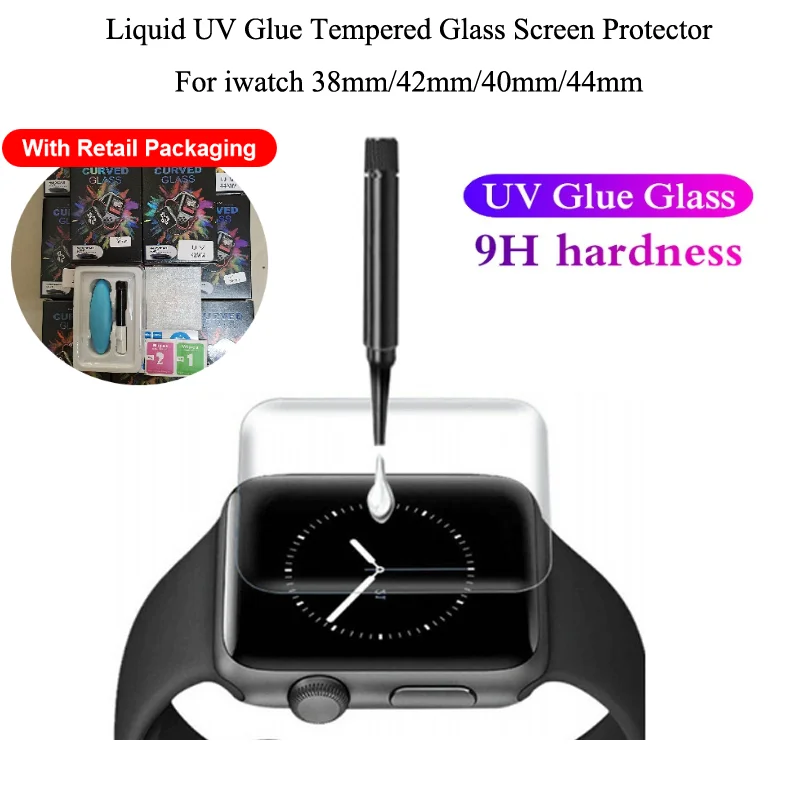 

10Pcs/Lot UV Tempered Glass Screen Protector For Apple Watch Series 5 4 3 2 1 38mm 42mm 40mm 44mm Full Glue Protective Glass