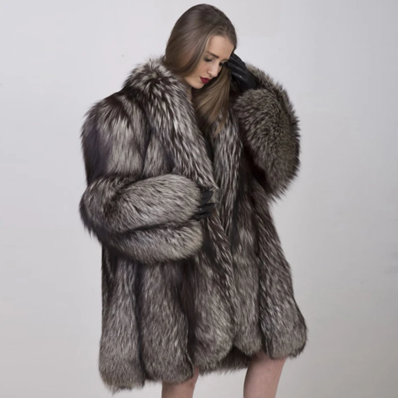 Куртка из натурального меха серебристой лисы с меховым воротником, Зимняя Толстая теплая шуба из натурального Лисьего меха для женщин, роскошное пальто