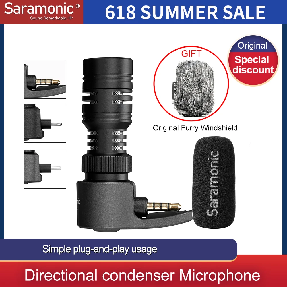 Saramonic SmartMic+/Di/UC TRRS Directional Microphone with Foam Windscreen for IOS iPhone x 8 7 7 plus Android Smartphones