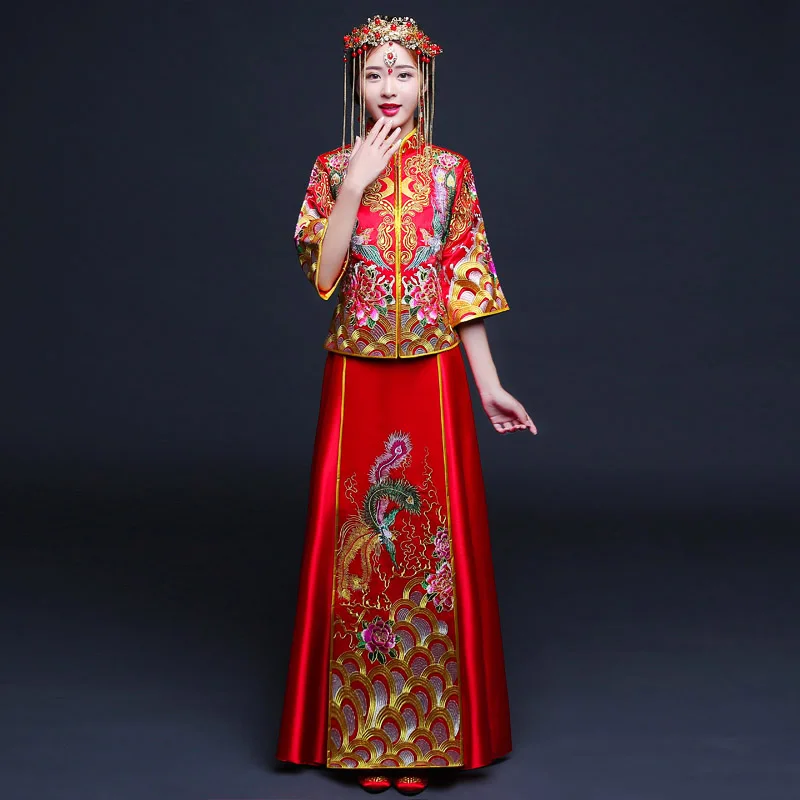 Традиционная вышивка китайский брак Ципао Феникс и цветок элегантный Vestidos шлейф платье винтажное женское платье-Ципао костюм