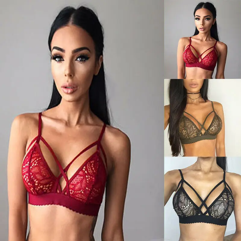 

Hirigin Woman Sexy Lace Bra Lingerie Soft Mesh Triangle Hallow Out Unpadded Bra Cross Strap Bras