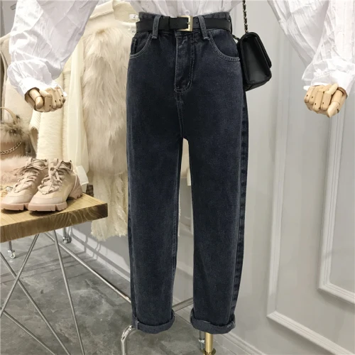 blue grey Женские флисовые джинсы осень и зима Новые прямые брюки женские повседневные джинсовые шаровары с высокой талией штаны для папы - Цвет: blue grey