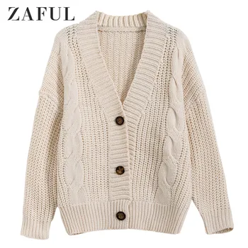 

ZAFUL Beige Women Chunky Button Up Cable Knit V Neck Cardigan Drop Shoulder Single Button Loose Sweater Cardigans Solid Color