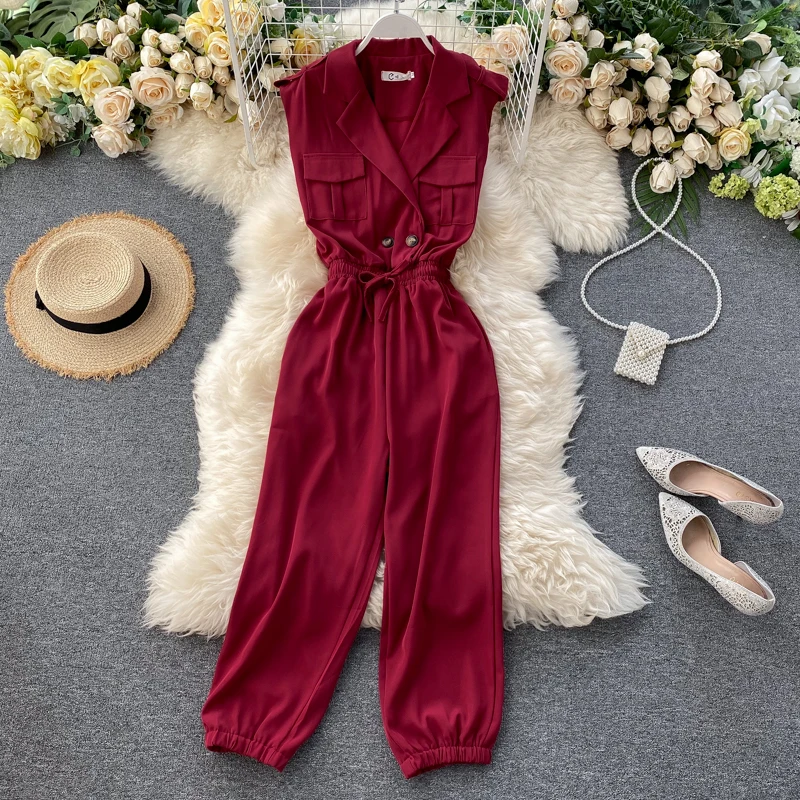 Streetwear Commuting Overalls Female Jumpsuit Summer 2020 Vintage Tooling Pockets Tie-Waist Slim jumpsuit Women Bodysuit rompers