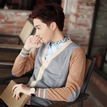 Повседневный Модный осенне-зимний корейский свитер, тонкий вязаный кардиган в стиле пэчворк, зимние топы с длинными рукавами для мужчин