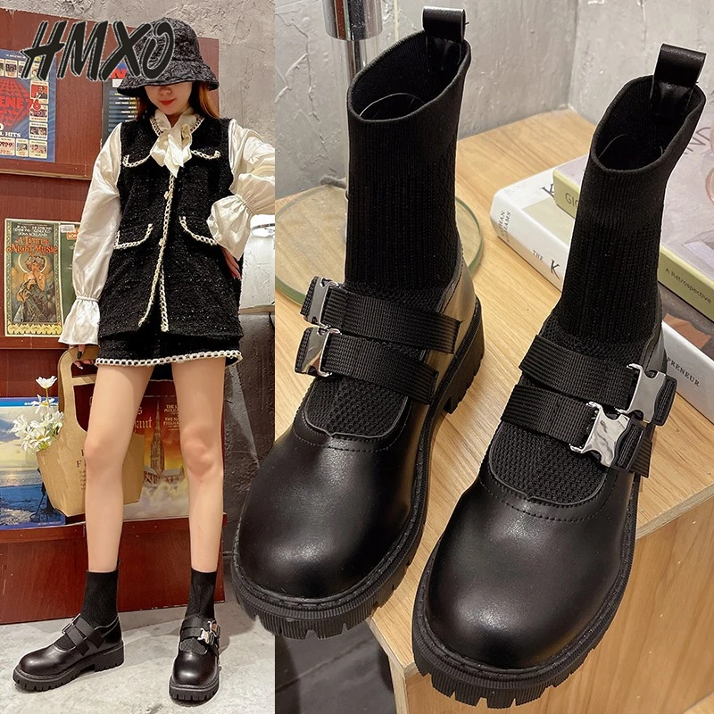 HMXO Buckle Stretch Martin Boots Women's Mid-tube Knight Boots Locomotive Women's Stitching PU Thick Heel French Short Boots ankle boots men