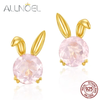 

ALLNOEL 925 Silver Earrings For Women Natural Pink Crystal Cute Bunny Sterling Silver Earrings Real Gold Wedding Fine Jewelry