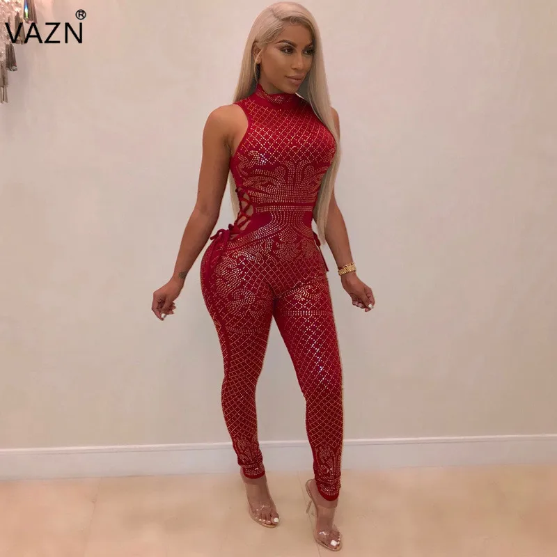 VAZN 2018 New High Quality Sexy Night Club Fashion Women Long Jumpsuits Solid O-Neck Tank Sleeve Hollow Out Lady Romper ME2603 | Женская