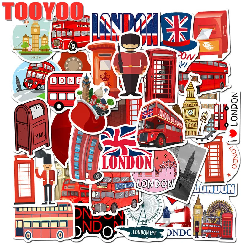 50Pcs/set Cartoon Red Bus Guard Telephone Booth Stickers For Guitar DIY TOY Bicycle Car Skateboard Snowboard Laptop Luggage