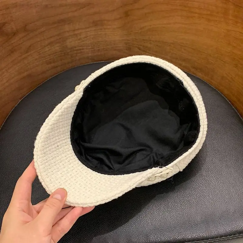 Fashion Lady British Style Cotton Linen Weave Knit Beret Cap Women Outdoor Casual Imitation Pearl Navy Hat