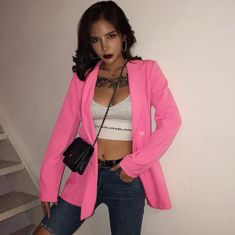 Europe And America Autumn New Style Macarons CHIC Mid-length Casual Small Suit Pink Double Breasted Coat Women's