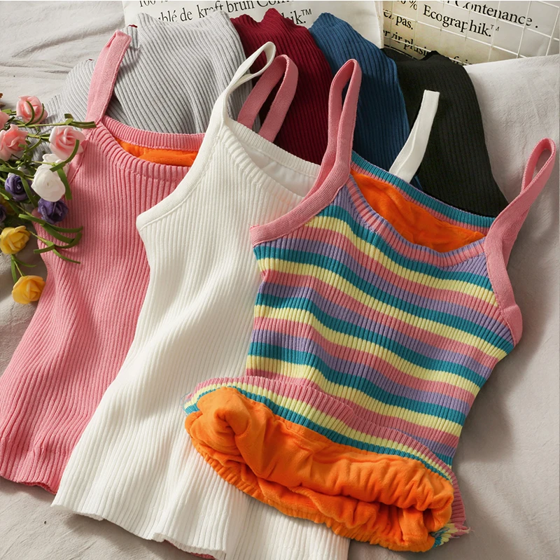 

Pearl Diary Women Winter Thermal Camis Underwear Rainbow Striped Crop Camisole Long Johns Solid Cropped Spaghetti Strap Warm Top