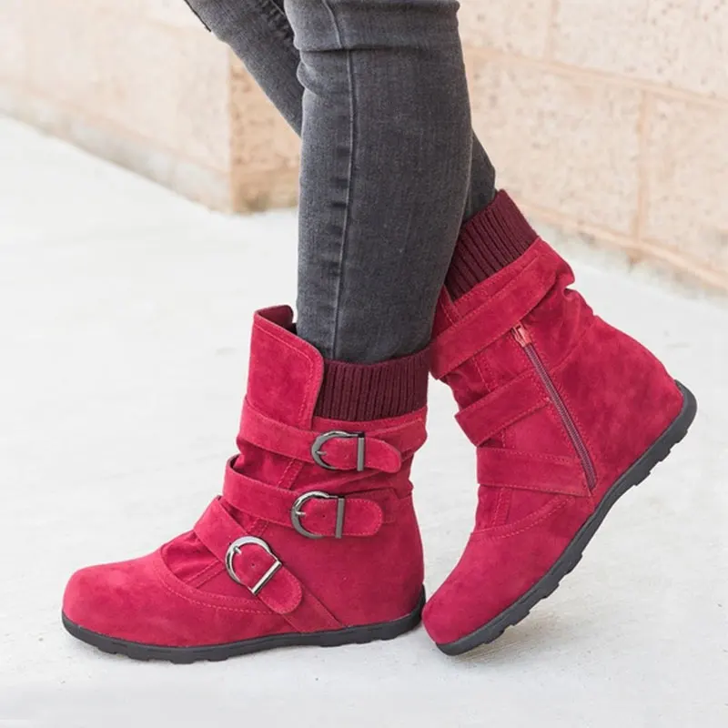 Cushioned Low-calf Buckled Boots Low Heel Knitted Fabric Zipper Slip On Boots