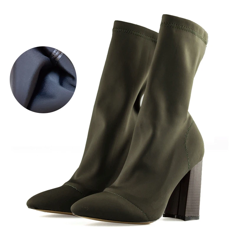 Green Sock Boots Teahoo/узкие эластичные ботильоны для женщин; ботинки с острым носком; ботинки на высоком квадратном каблуке; модная женская обувь; Bota Feminina - Цвет: Green Sock Boots