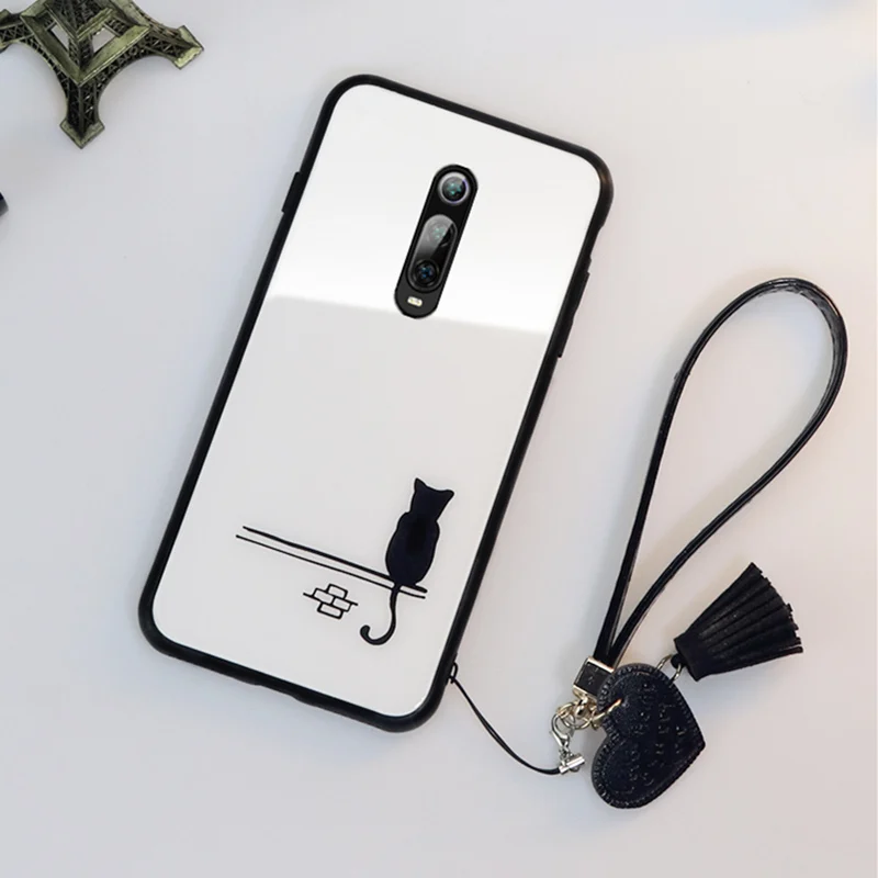 01 Чехол и ремешок для Oneplus 7 Pro 6, стеклянный жесткий чехол для телефона, задняя крышка для Oneplus 7 one plus 6, простой милый кошачий ремешок, funda - Цвет: 01