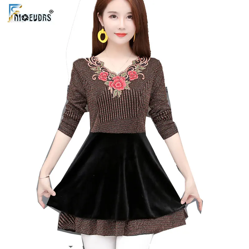 

Fall Winter Basic Shirts Blouses Women Elegant Lady Long Sleeve Slim A Line Belly Design Flower Vintage Tunic Peplum Top S818