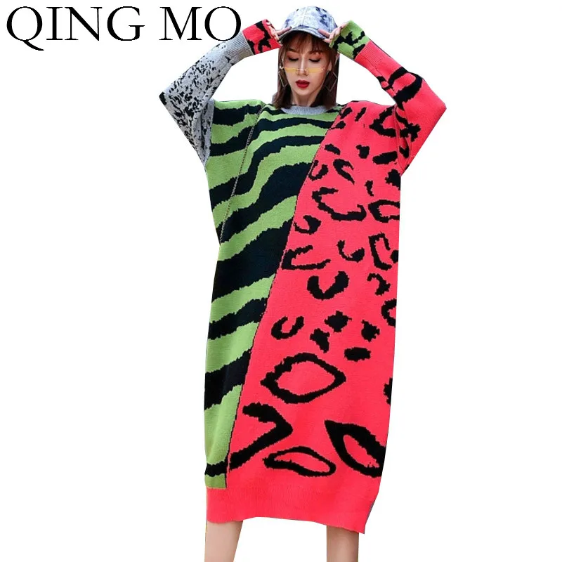 

QING MO Women Patchwork Color Dress Women Zebra Striped Dress 2020 Autumn Winter Thick Warm Dress Knitted ZQY5230