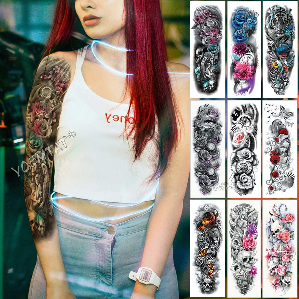 Large Arm Sleeve Tattoo Pink Cyan Eyes Angel Waterproof Temporary Sticker Rose Wings Sun Men Full Skull Tatoo Women | Красота и