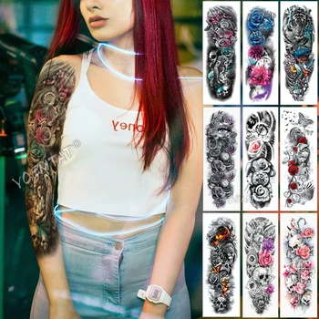 

Large Arm Sleeve Tattoo Pink Cyan Eyes Angel Waterproof Temporary Tattoo Sticker Rose Wings Sun Men Full Skull Tatoo Women