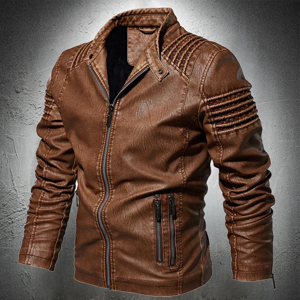 Chaqueta de cuero de estilo masculino para hombre, abrigo delgado de motocicleta, ropa de moda cálida, de otoño, abrigo de motociclista con cuello levantado de PU