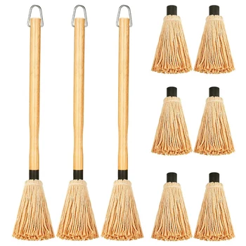 

3 Barbecue Grills with Wooden Long Handle Barbecue Mop with 9 Replacement Heads for Barbecue Cooking