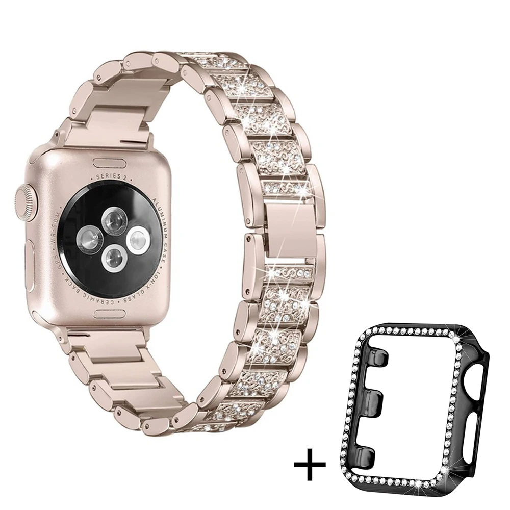 Retro-gold-black cas Ремешок со стразами+ чехол для Apple Watch 38 мм 42 мм металлические стразы сменный Браслет для женщин iWatch 40 мм 44 мм серия 5 4 - Цвет ремешка: Retro-gold-black cas