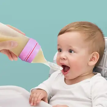 

Silicone Soft Spoon Feeding Bottle with Cover Baby Children Flatware Pink Blue Recommended Age 6 Months or More Baby