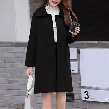 

long hooded autumn coat women Work Solid Vintage Winter Office Long Sleeve Button Woolen Jacket Coat2019#4