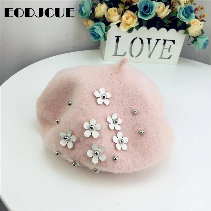 

Fashion Kids Wool Winter Warm Hat Flower Beret Hat For Girls Painter Cap French Cap gorras