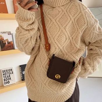 

Vintage Mini Pu Leather Handbag Female Korean Fashion Retro Small Size Lipstick Square Brown Coin Purse Messenger Bag for Women