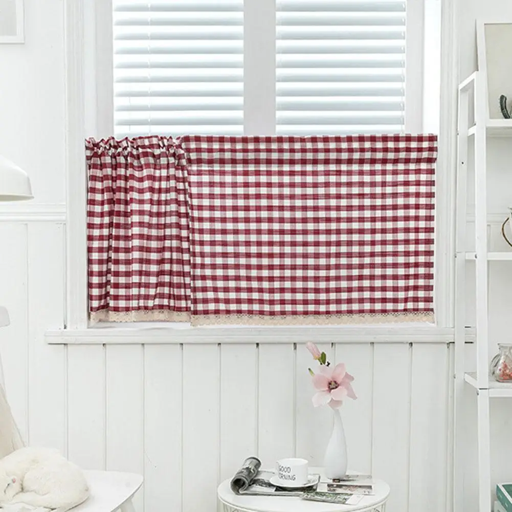 

New Kitchen Window Plaid Short Curtain Lace Valance Through Rod Drape Home Decor