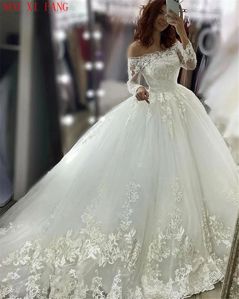 Gorgeous Lace Ball Gown Princess Wedding Dresses Long Sleeves Off The Shoulder Appliques Lace-Up Back Dubai Bridal Gowns Vestido