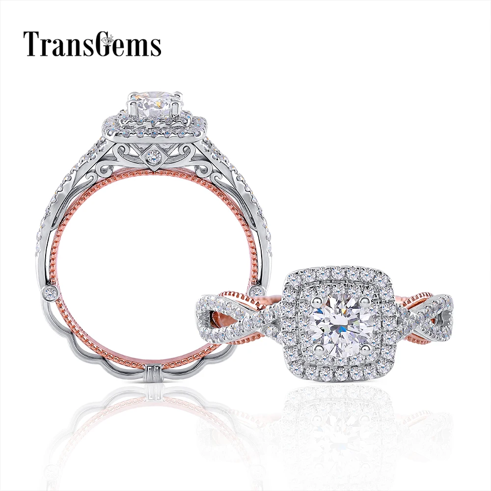 TransGems, 14 K, 585, белое и розовое золото, центр, Круглый, 0.5ct, 5 мм, F цвет, Муассанит, обручальное кольцо с ореолом для женщин