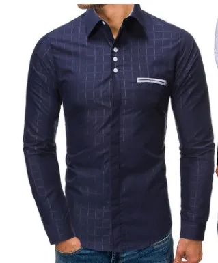 7033 dark blue Oeak, бренд, мужские рубашки, повседневные, деловые, Осенние, офисные, рубашка с длинным рукавом, с карманом, стоячий воротник, блуза, мужская, одноцветная, на пуговицах, Топ - Цвет: 7033 dark blue